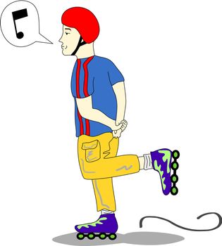 Young man in orange pants and blue shirt skates on his rollerblades whistling a tune.