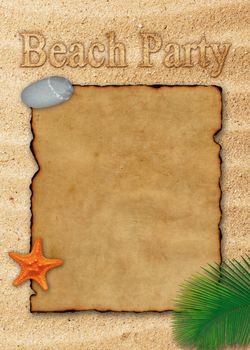 Blank parchment, decorated with a palm leaf, a stone and a starfish on beach sand background.