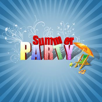 Colourful 3D Text, decorated with floral ornaments, a beach lounger, a cocktail and flip-flops on a blue sunburst background.