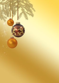 A noble and elegant Christmas illustration: golden christmas tree branches with hanging christmas baubles on a golden background.