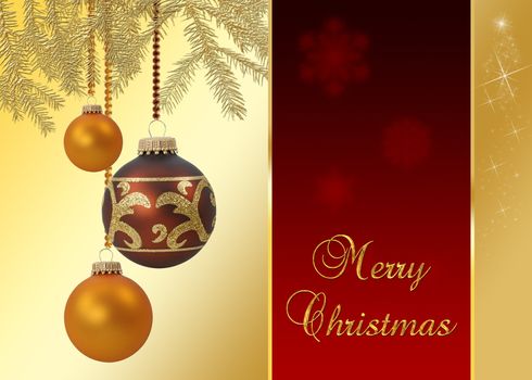 A noble and elegant Christmas illustration: golden christmas tree branches with hanging christmas baubles on a red-golden
background with Merry Christmas wishes.