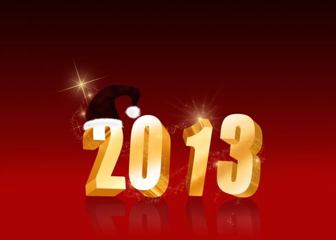 Christmas and New Year Illustration:
Golden letters 2013 with a Santa hat on a red background.