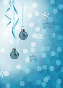 Christmas illustration in blue: Blue glitter ornaments with curled ribbons on a white-blue bokeh background.