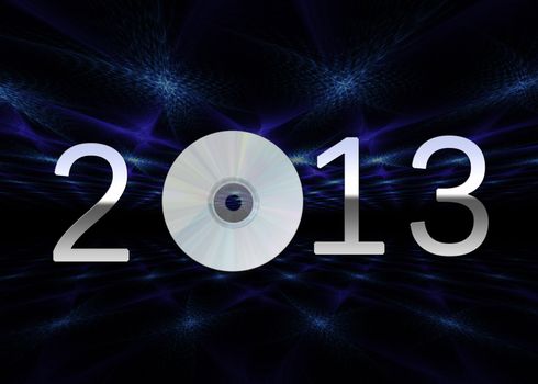 A modern New Year illustration showing a silver chrome 2013 with a cd on a dark background.