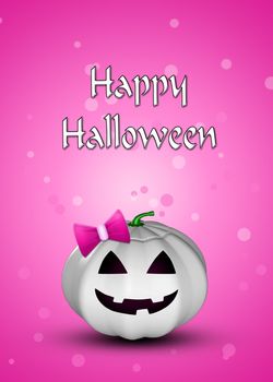 Halloween illustration: a white pumpkin with a pink bow on a pink background with bokeh.