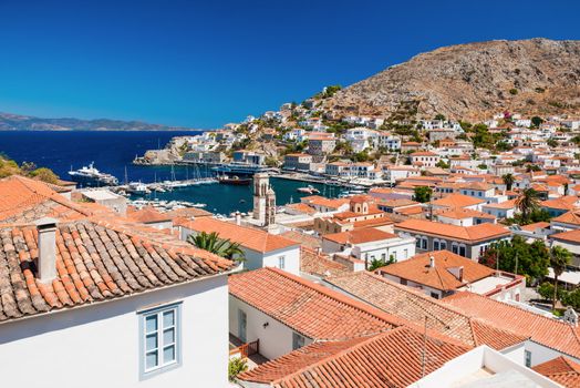 Overview of the beautiful island of Hydra, Greece, showing its main town and port