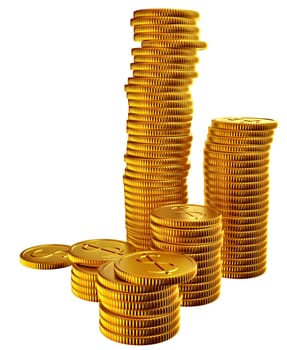 Stacks of golden dollar coins on white background