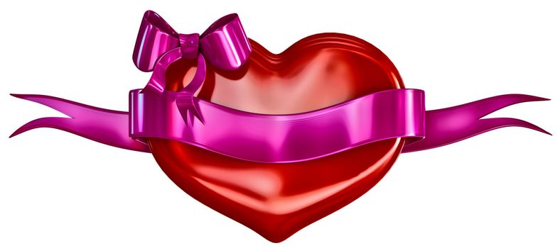 3D heart with bow and lillac ribbon on a white background