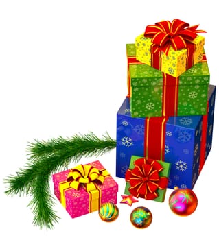 Christmas tree toys and set of pink, yellow, green and blue boxes ornamented with the snowflakes and decorated by red bows as gifts