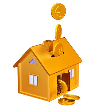 falling down euro coins into a piggy bank in the form of a gilded house as a symbol of the accumulation