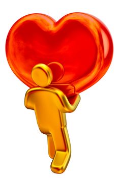 golden man taking up the big red heart as a symbol of love