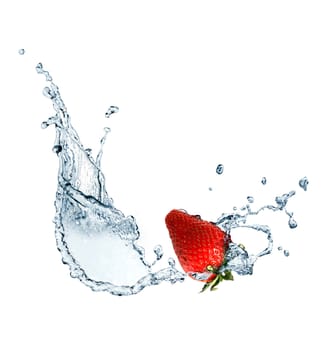 Red strawberry inside flowing water on white background