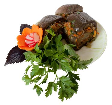 marinated eggplant with vegetables roasted stuffing in sunflower oil, with garlic and herbs