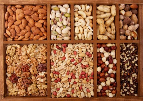 Background of Various Nuts in Wooden Box closeup 