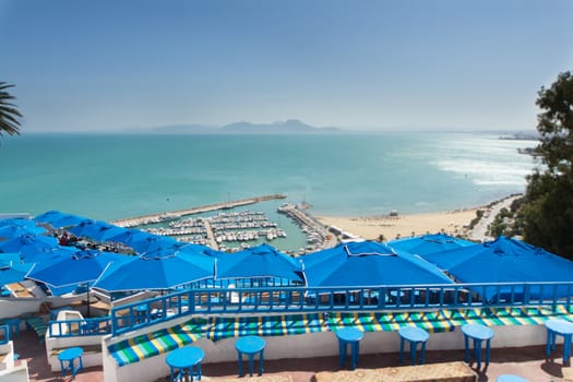 Port of Sidi Bou Said by the shores of the Mediterranean sea in Tunisia