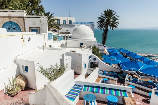 Houses of Sidi Bou Said by the shores of the Mediterranean sea in Tunisia