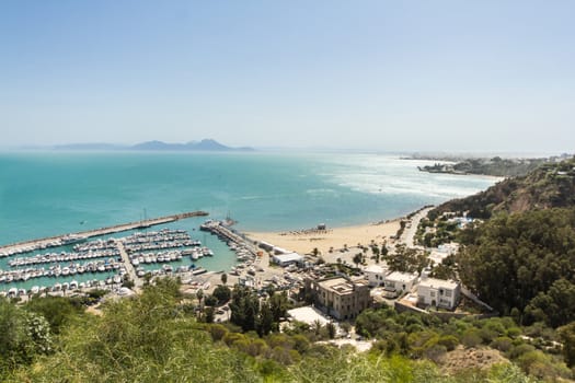 Port of Sidi Bou Said by the shores of the Mediterranean sea in Tunisia