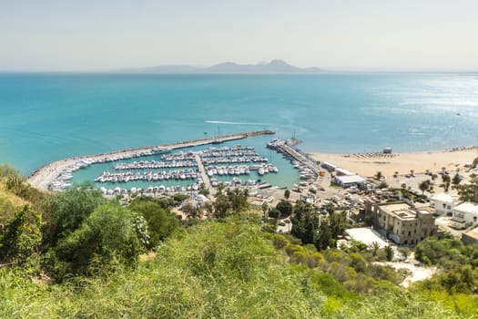 Port of Sidi Bou Said by the shores of the Mediterranean sea in Tunisia