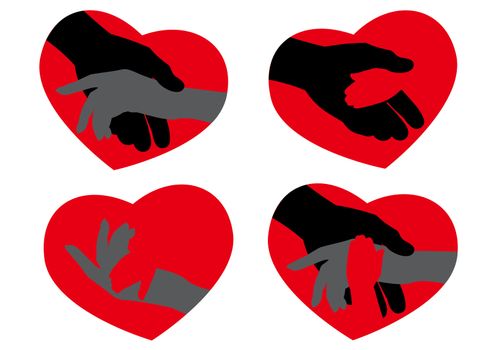 set of icons of silhouettes of hands in a red heart