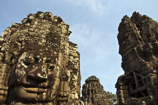 Faces of Bayon temple,Angkor Wat stone carvings of faces,Cambodia