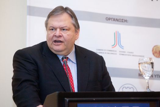 THESSALONIKI, GREECE - NOVEMBER 26: Evaggelos Venizelos, Greek Minister of Finance gives his speech at Money Show 2011 event on November 26, 2011 in Thessaloniki, Greece