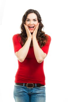 A beautiful happy surprised woman dressed in a red top. Isolated on white.