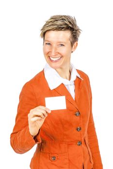 An image of a beautiful smiling women with a business card