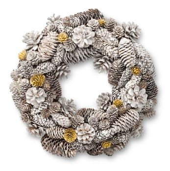 White Christmas door wreath decoration made of pine and fir cones