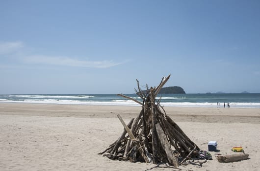 Day at beach, unrecognisable people in distance with driftwood structure in foreground.