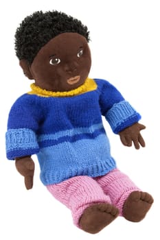 Soft black doll with homemade knitted woolen clothes