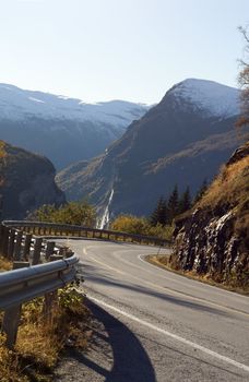 Curvy steep road to the world heritage area in Geiranger