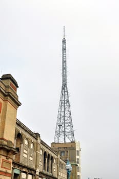 South facade of Alexandra Palace in London England transmission tower