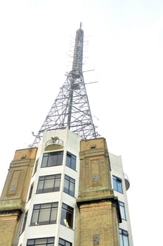 South facade of Alexandra Palace in London England transmission tower