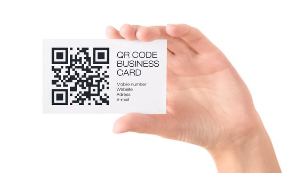 Hand showing business card with QR code information. Isolated on white.