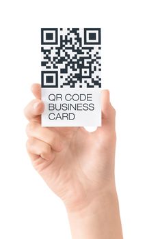 Hand showing business card with QR code data information. Isolated on white.
