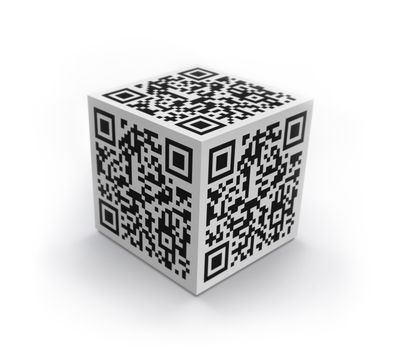 3D cube with QR code concept image. Isolated on white.