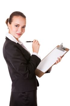 Young smiling businesswoman with pen and paper clipboard, isolated on white background 