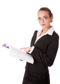 Teacher woman in business suit with book isolated on white background 