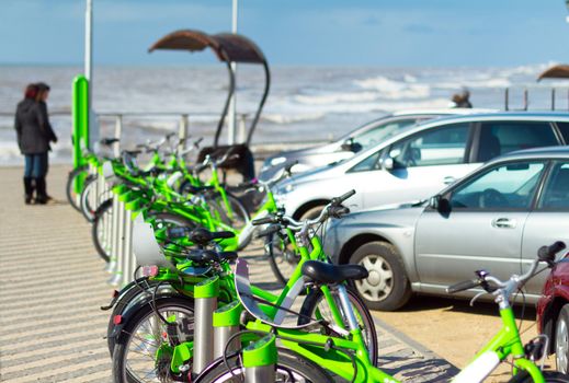 Bicycle rent on the beach of sea