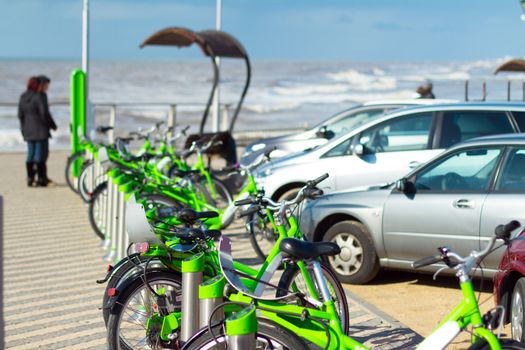 Bicycle rent on the beach of sea