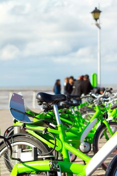 Bicycle rent on the beach of sea