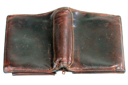 Old  brown leather purse  on white background