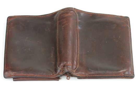 Old  brown leather purse  on white background