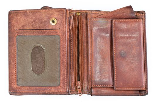 Old  brown leather purse  on white background