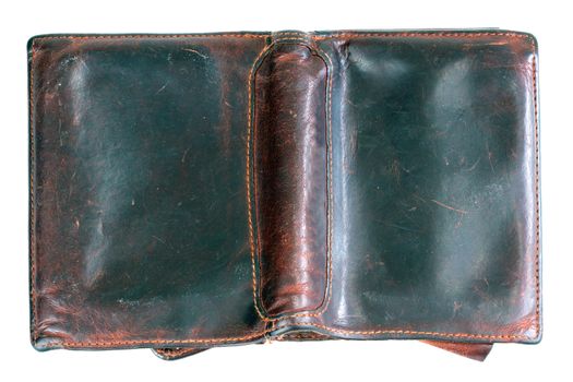 Old  brown leather purse  on white background