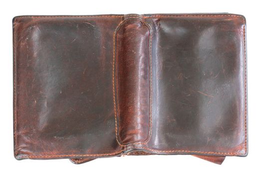 Old  brown leather purse  on white background