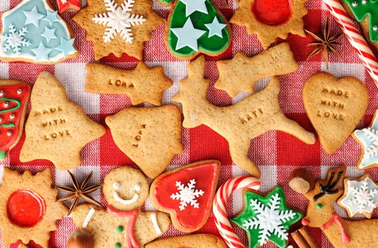 Christmas gingerbread cookies over tablecloth
