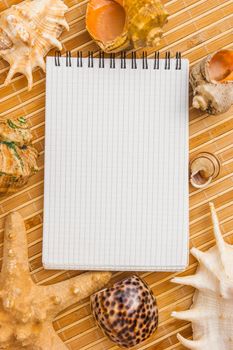 notebook to record notes on a background of seashells and starfish