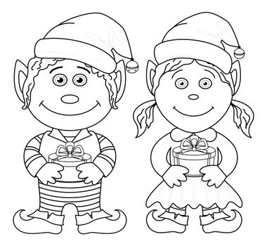 Cartoon Christmas elves, boy and girl with holiday gift boxes, black contour on white background