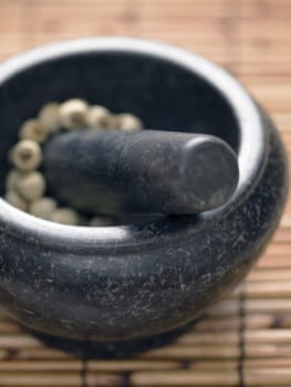 close up of asian mortar and pestle